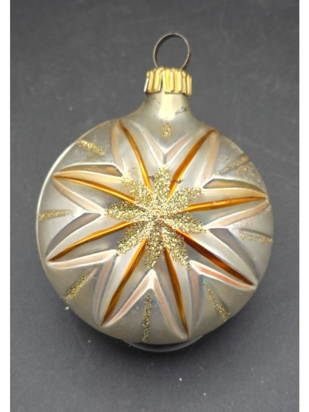 Vintage Molded Glass Christmas Ornament Starburst Flower Design Glitter Accents